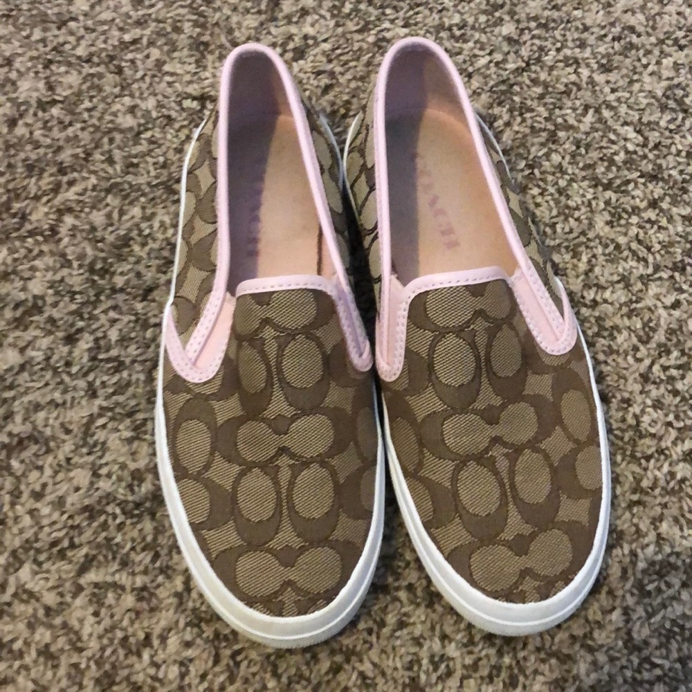 Coach pink and tan slip ons in woman’s size 7
